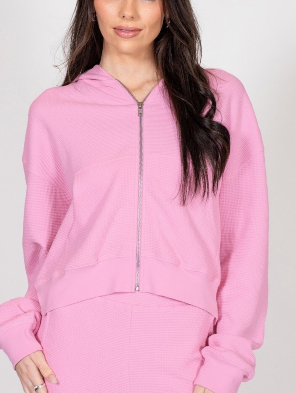 Brunette the Label Pink Waffle-Knit Cropped Full-Zip Hoodie Size S